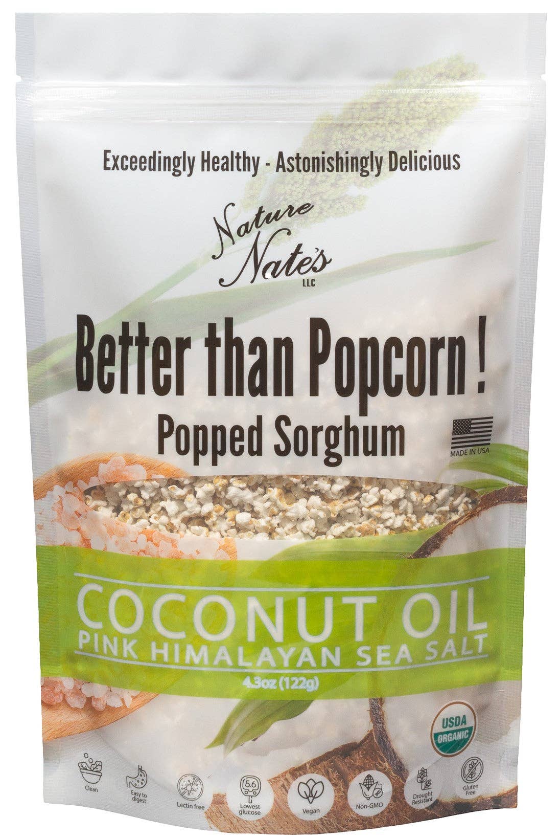 Organic Popped Sorghum Coconut Oil Pink Himalayan Sea Salt: 4.3oz