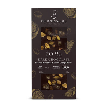 Philippe Beaulieu 70% Dark Confit Oranges & Roasted Pistachios Chocolate Bar