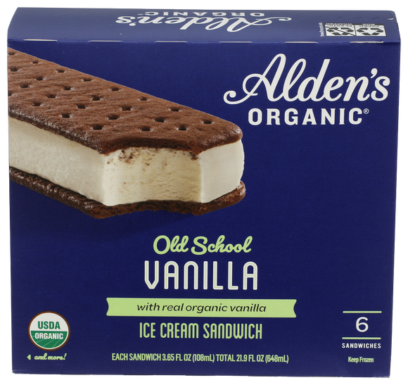 Aldens Organic Vanilla Ice Cream Sandwich - 6 PK