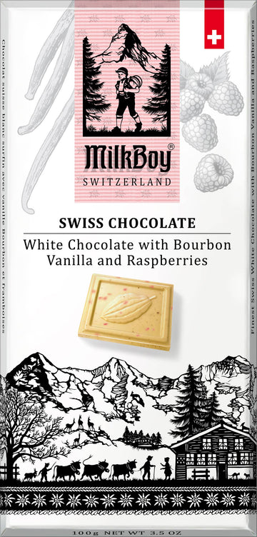 Milkboy Swiss Chocolates - White Chocolate with Bourbon Vanilla and Raspberries