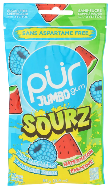 Pur Sour Blue Raspberry & Watermelon Jumbo Gum - 20 PC