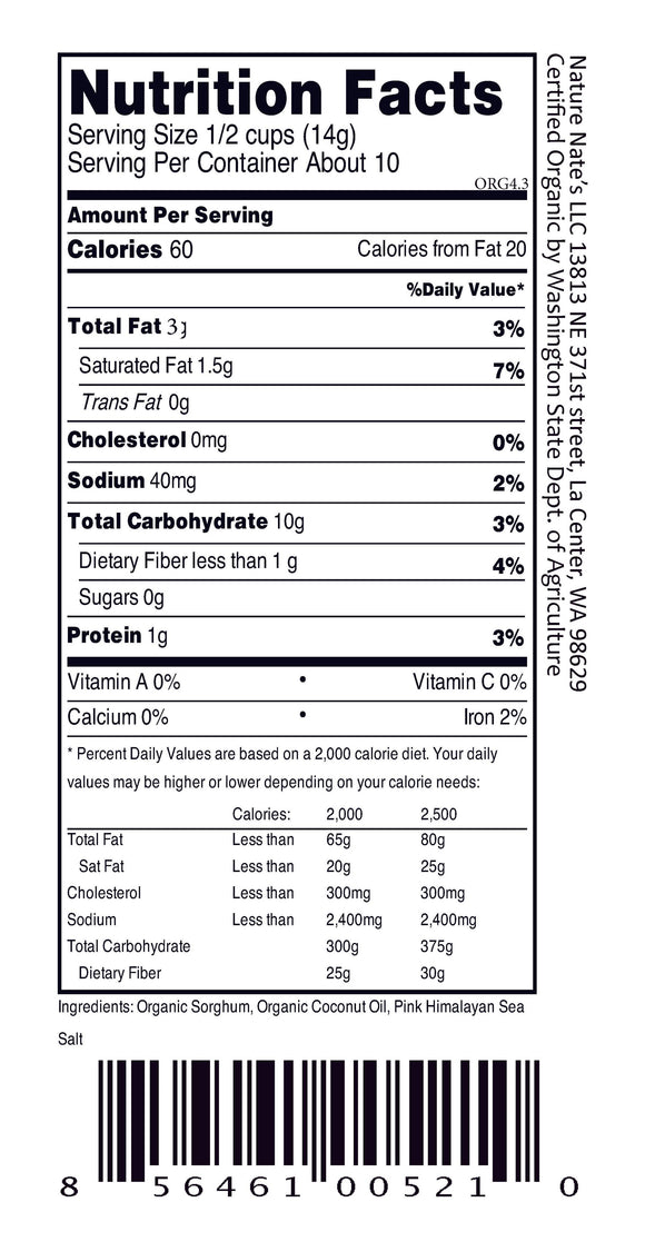 Organic Popped Sorghum Coconut Oil Pink Himalayan Sea Salt: 4.3oz