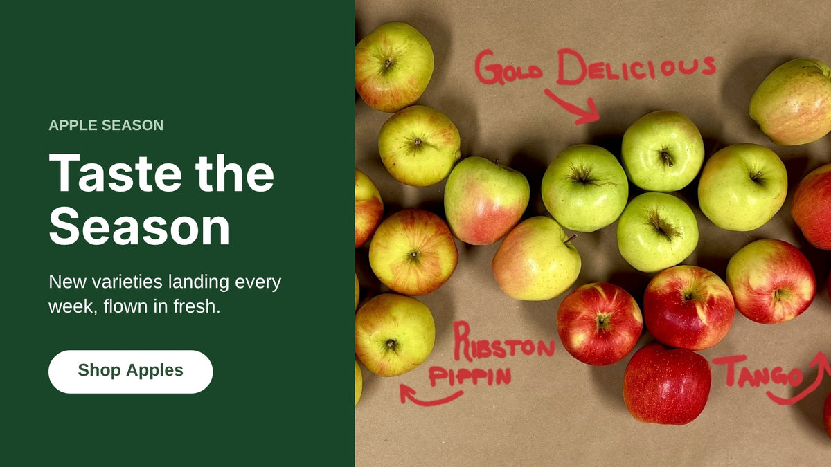 Taste the Season: four apple varieties on brown paper, Rockit, Ribston Pippin, Gold Delicious and SweeTango