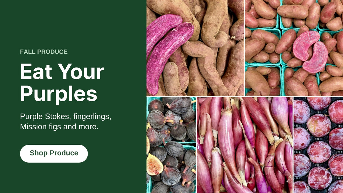 Eat Your Purples: Purple Stokes sweet potatoes, Amarosa fingerlings, Mission figs, Torpedo onions and pluots
