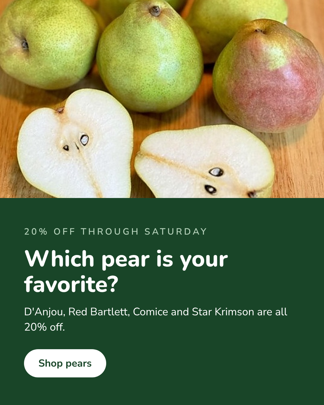 Comice, D'Anjou and Red Bartlett pears on a wooden board