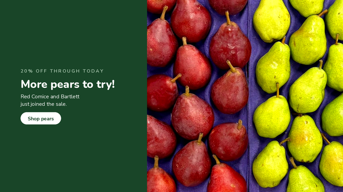 Red and green pears, 20% off through today