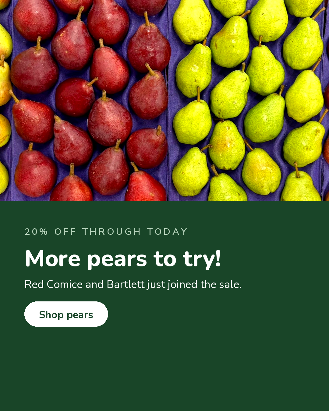 Red and green pears, 20% off through today